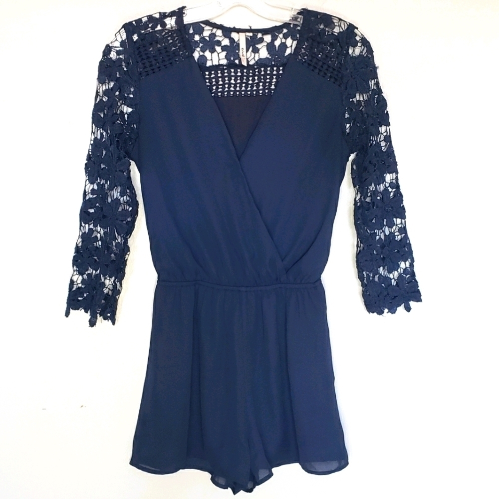 Event navy lace crochet sleeve surplice romper S